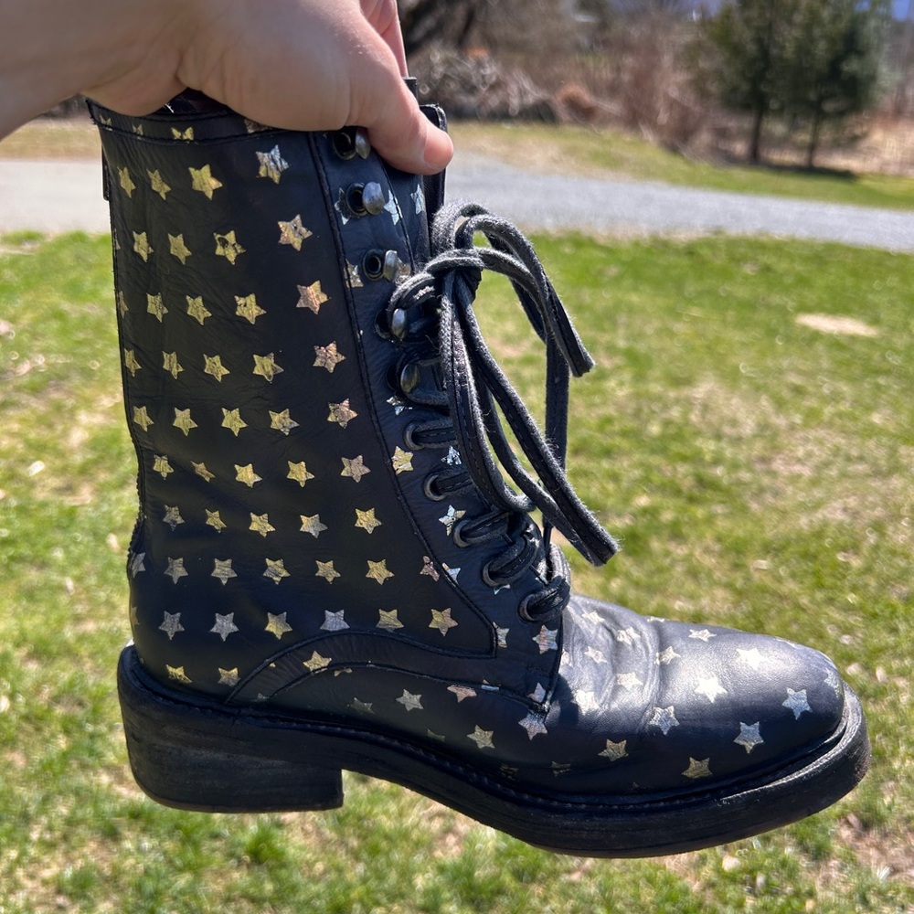 Rare - Free People Santa Fe Lace-Up Boot in Leather Washed Black Star